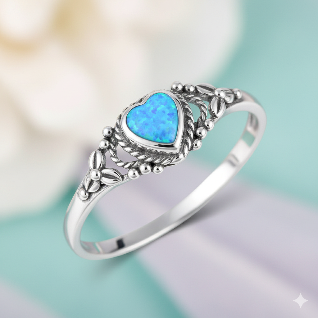 Heart Synthetic Blue Opal Sterling Silver Ring