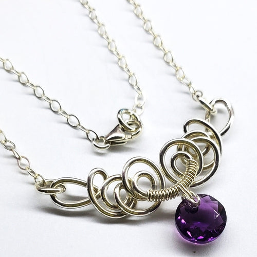Silver Wire Sculpted Round Crystal Pendant Necklace