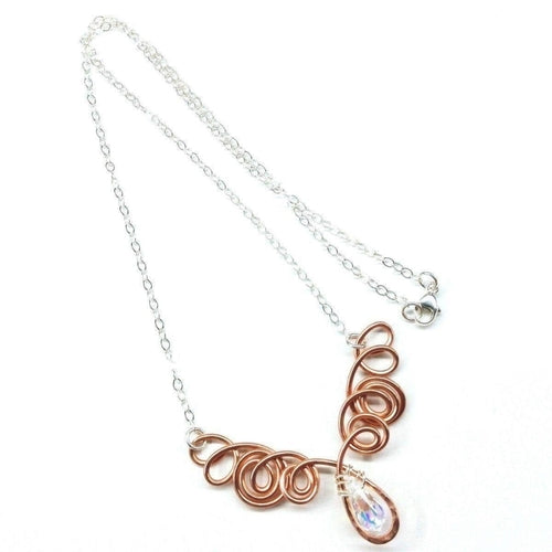 Copper Wire Sculpted Angel in Flight Necklace - Handcrafted with Swarovski Crystal