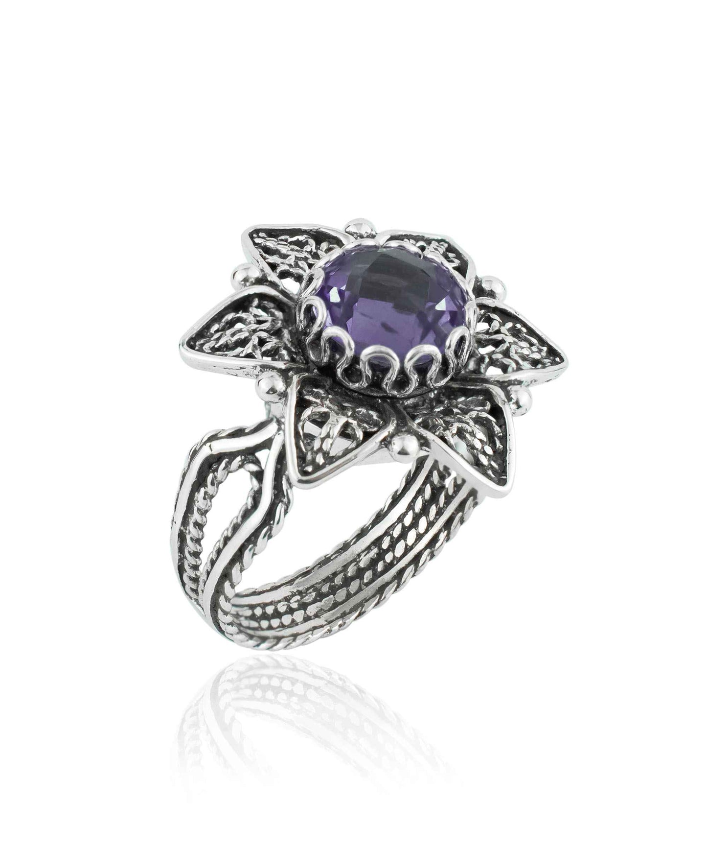 Filigree Art Amethyst Gemstone Daisy Flower Women Silver Cocktail Ring