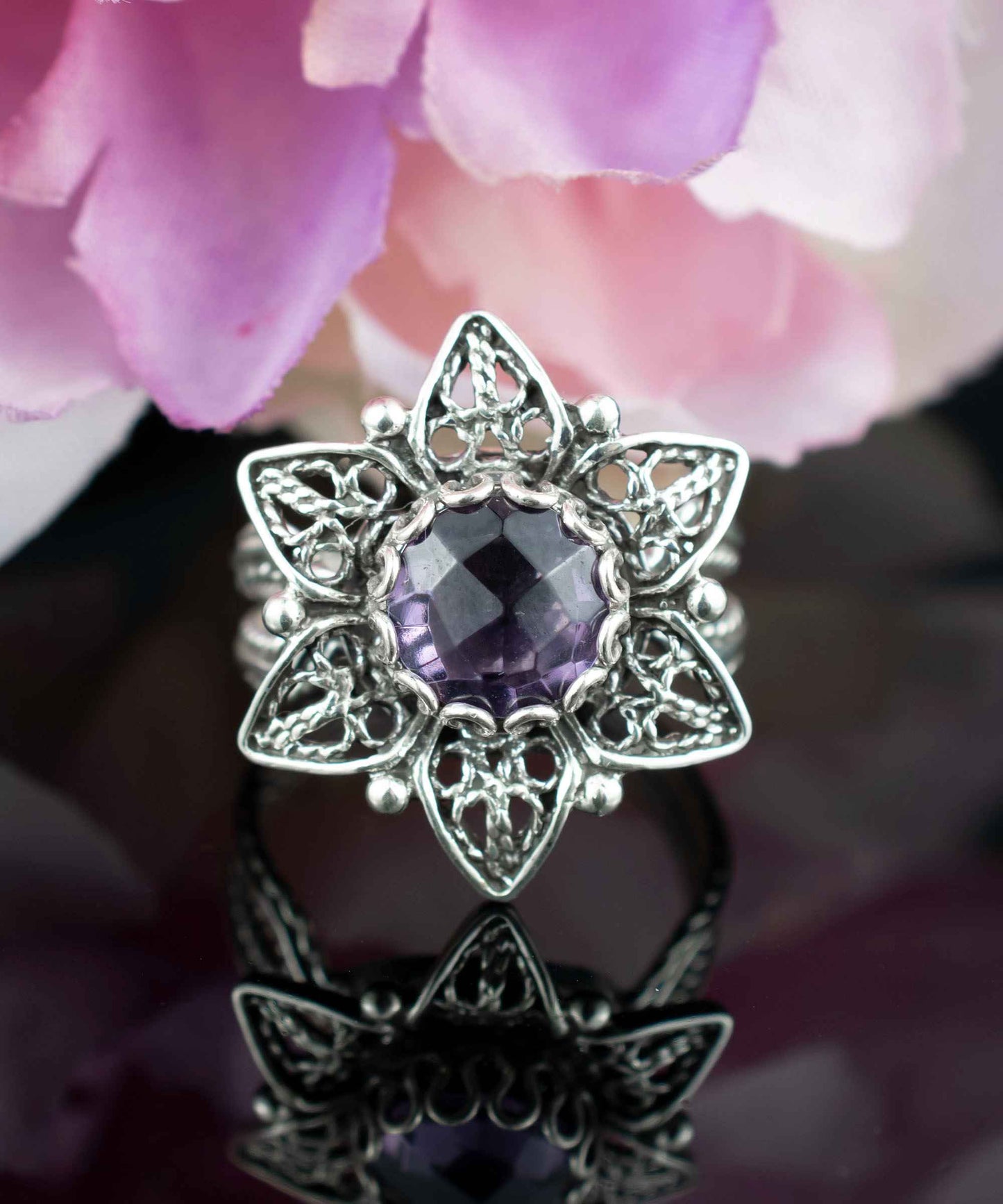 Filigree Art Amethyst Gemstone Daisy Flower Women Silver Cocktail Ring