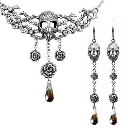 🌹💀 Roses & Skull Necklace & Earrings Set - Dark Romance