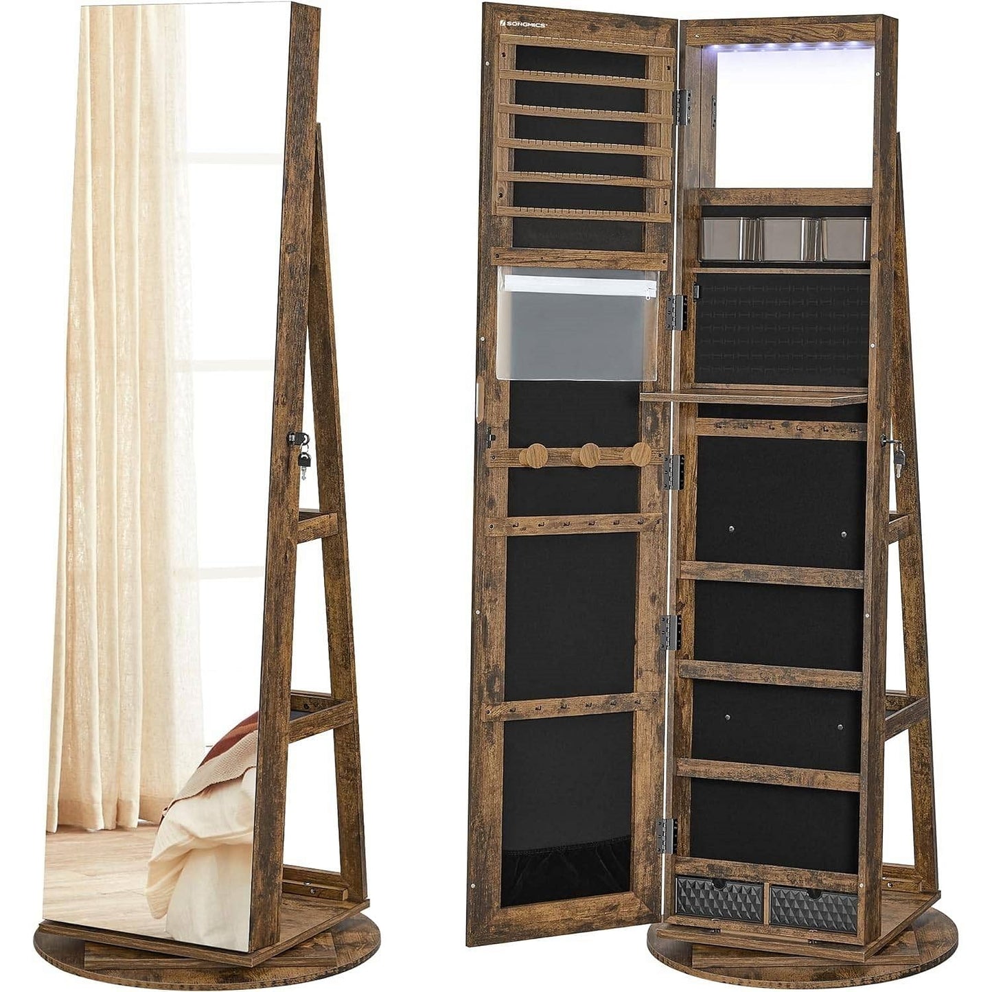 Rustic Brown Wood Jewelry Armoire Cabinet - Freestanding