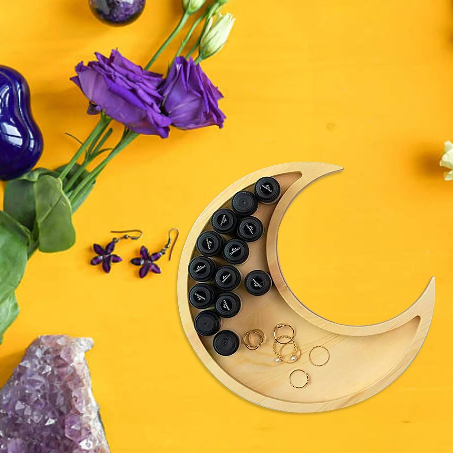Crystal Display Wooden Sun & Moon Tray Decor For Jewelry and Stones