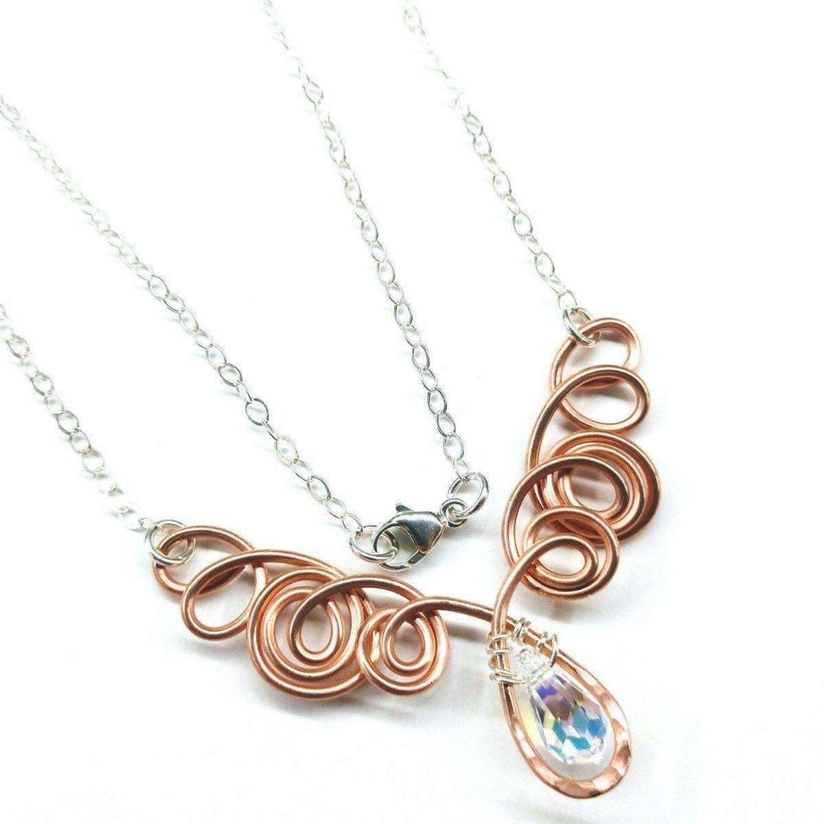 Copper Wire Sculpted Angel in Flight Necklace - Handcrafted with Swarovski Crystal