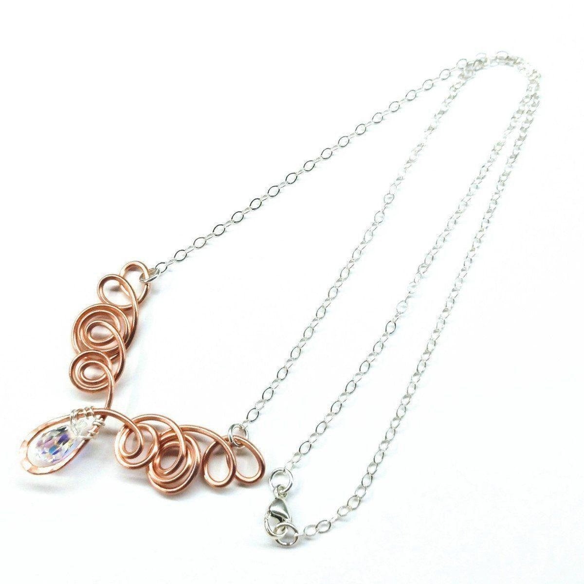 Copper Wire Sculpted Angel in Flight Necklace - Handcrafted with Swarovski Crystal