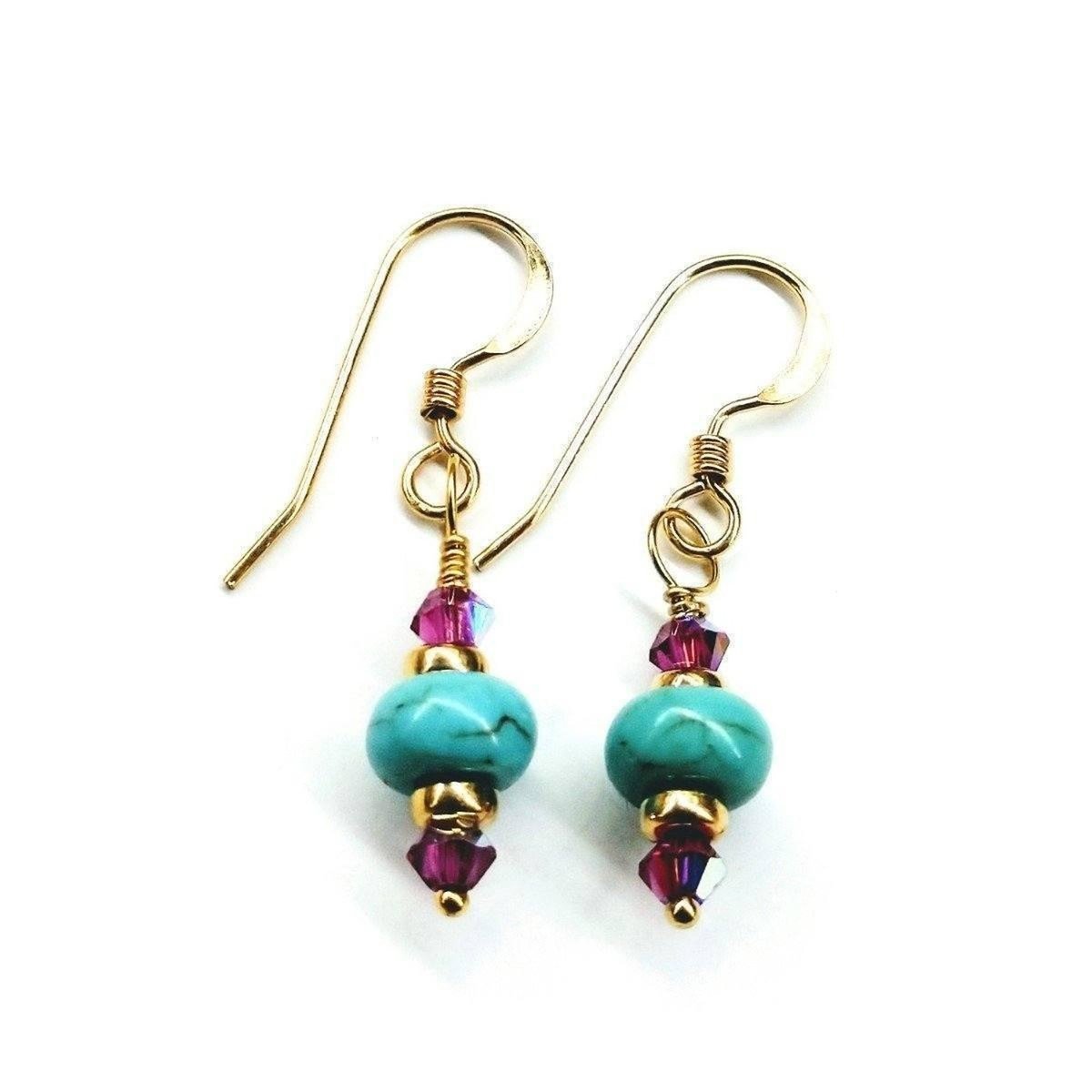 Hot Pink & Turquoise 14K Gold Filled Earrings - Vibrant Swarovski Crystal Design
