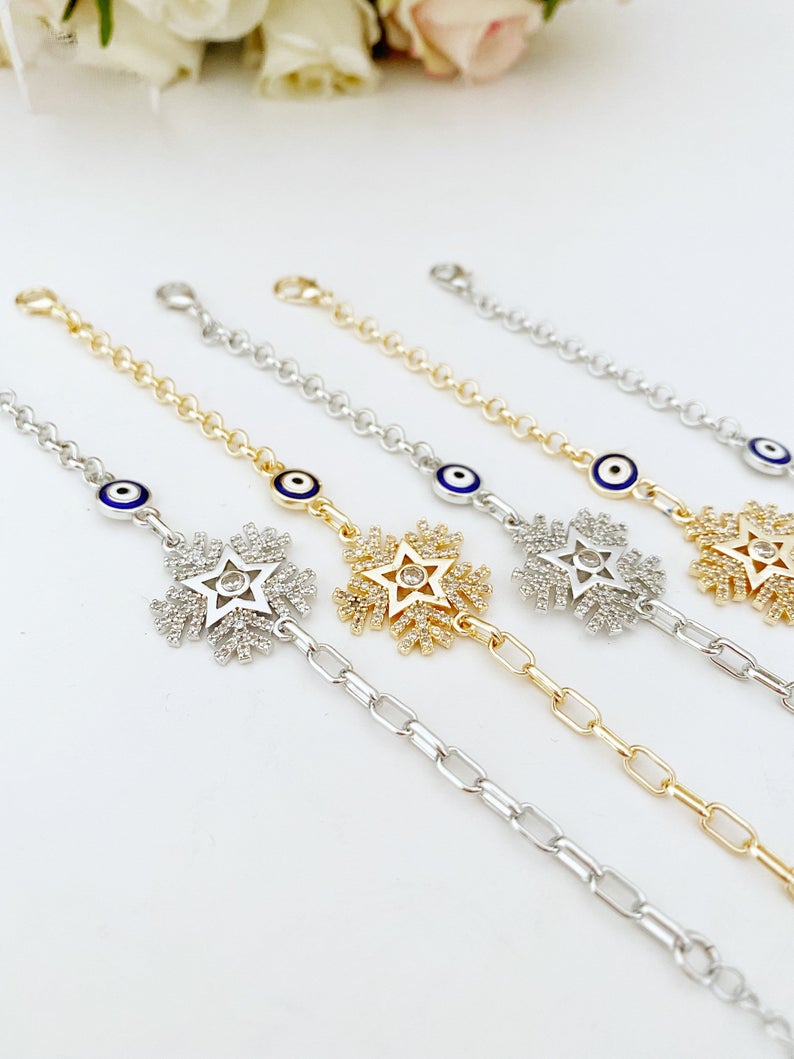 Elegant Evil Eye Chain Bracelet, Snowflake Charm Bracelet, Blue Evil