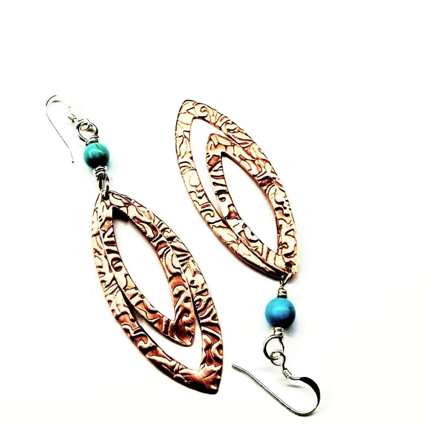 🌵 Turquoise Copper Embossed Pointed Oval Earrings - Montana Artisan Magic