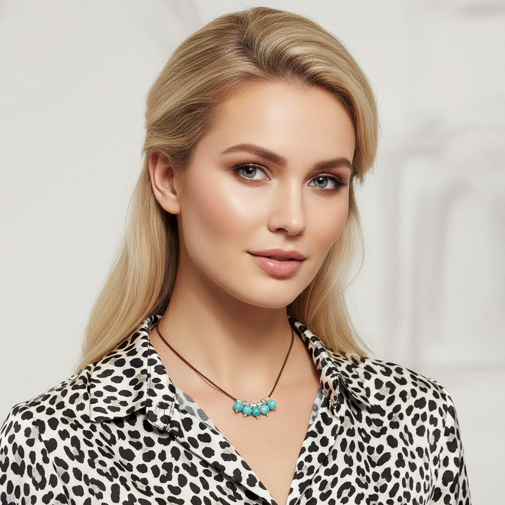 Silver Green Blue Shell Bead Charm Leather Necklace