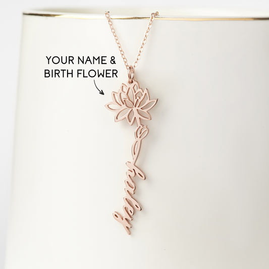 🌸 Birth Flower Name Necklace - Custom Floral Name Jewelry