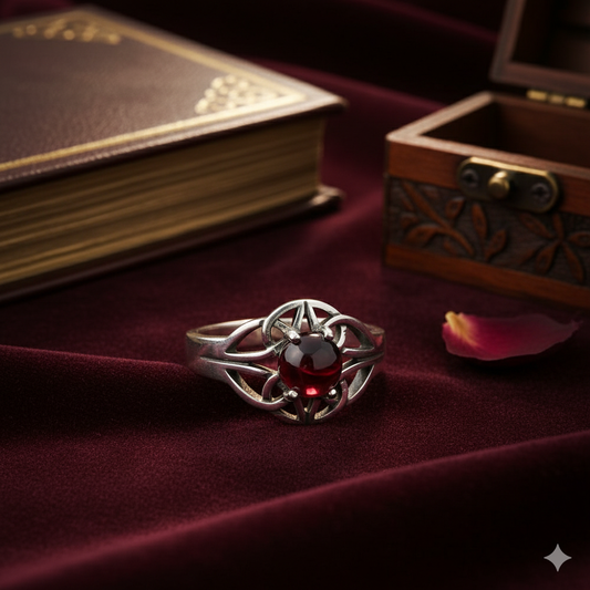 Garnet Stone Solitaire Celtic Knot Silver Ring