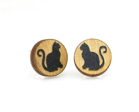 🐱 Black Cat Wood Stud Earrings - Perfect for Cat Lovers!