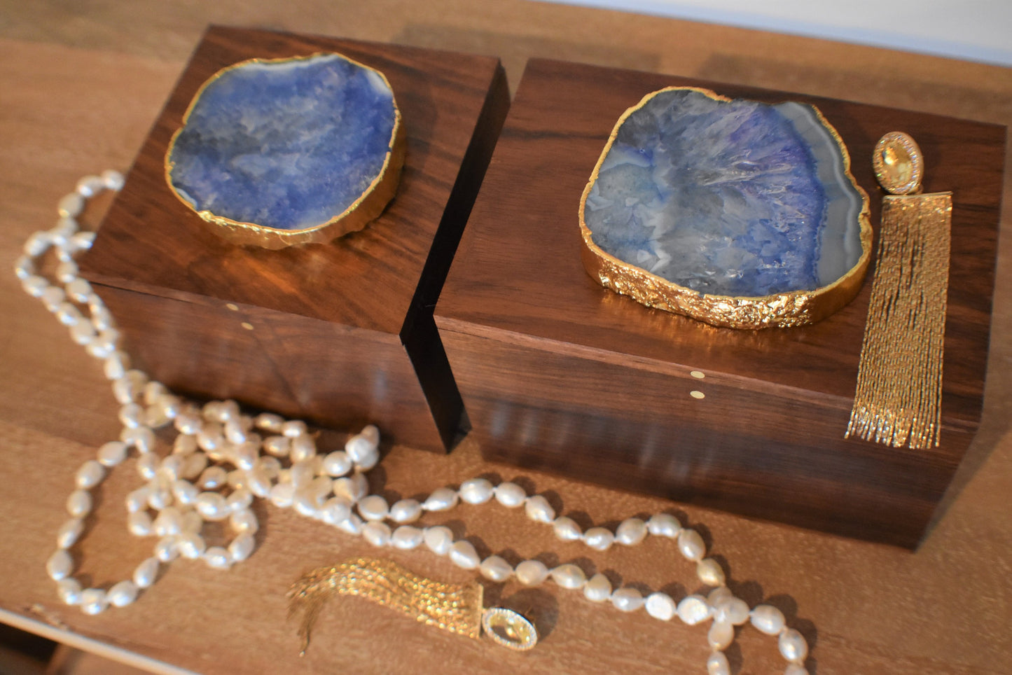 Elegant Square Wooden Jewelry Box with Agate Top