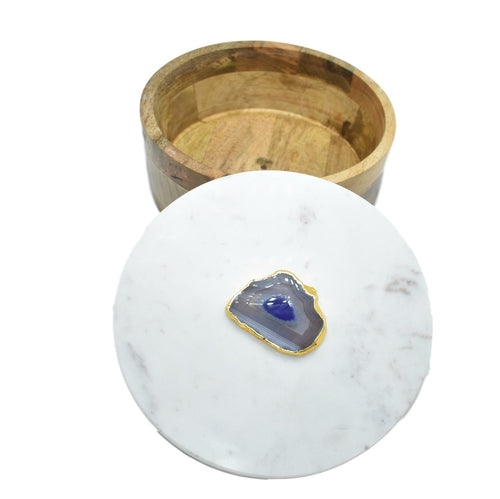Elegant Round Wooden Jewelry Box with Marble & Agate Lid