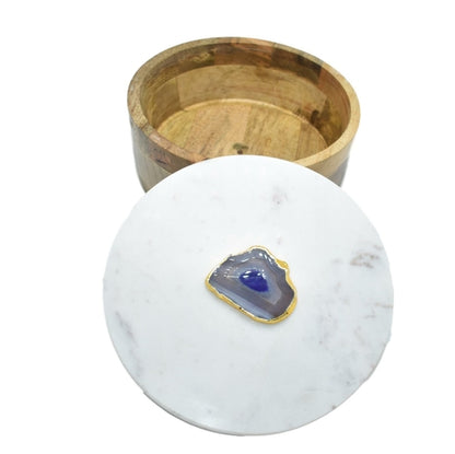Elegant Round Wooden Jewelry Box with Marble & Agate Lid