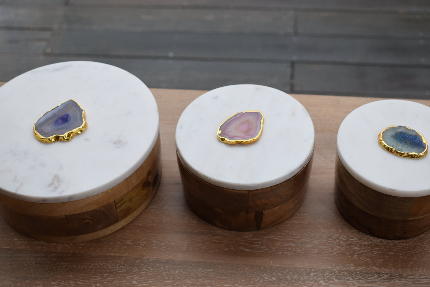 Elegant Round Wooden Jewelry Box with Marble & Agate Lid