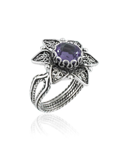 Filigree Art Amethyst Gemstone Daisy Flower Women Silver Cocktail Ring