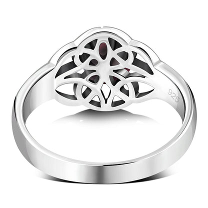 Garnet Stone Solitaire Celtic Knot Silver Ring