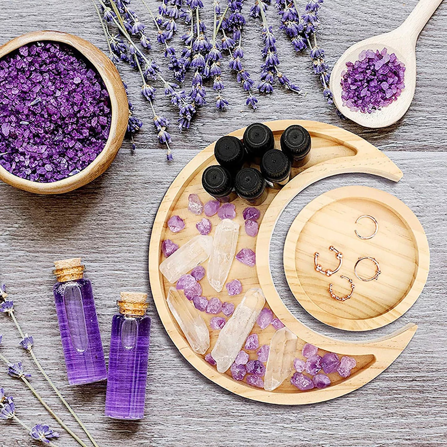 Crystal Display Wooden Sun & Moon Tray Decor For Jewelry and Stones