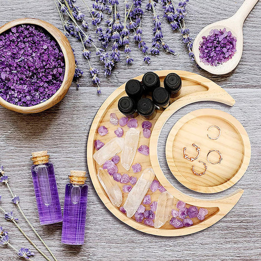 Crystal Display Wooden Sun & Moon Tray Decor For Jewels Stones