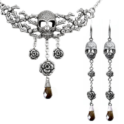 🌹💀 Roses & Skull Necklace & Earrings Set - Dark Romance