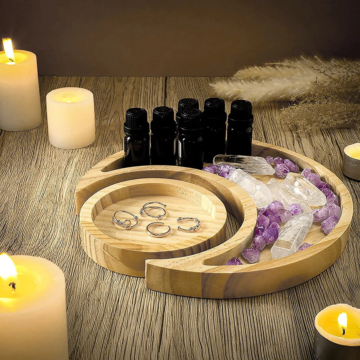 Crystal Display Wooden Sun & Moon Tray Decor For Jewels Stones