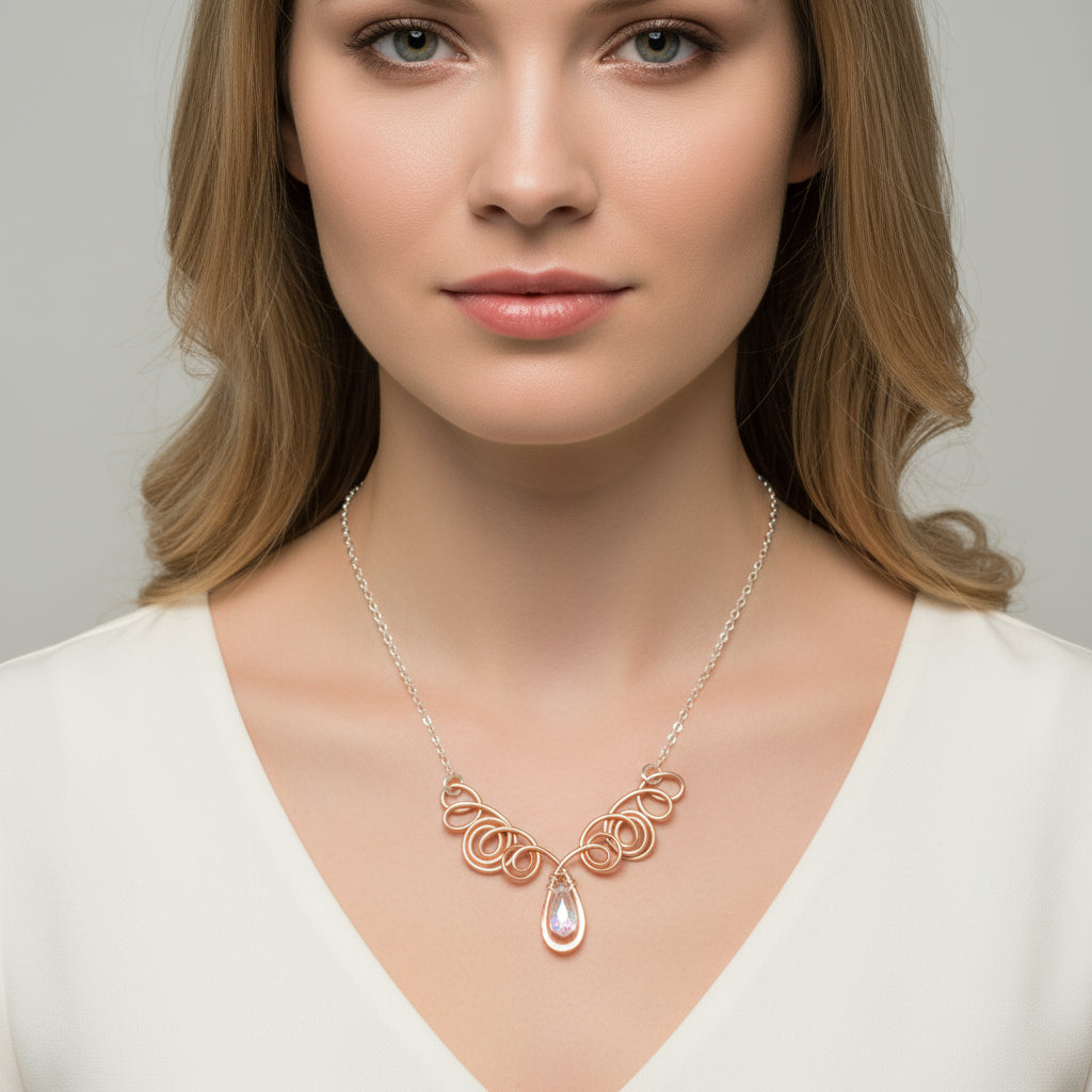 Copper Wire Sculpted Angel in Flight Necklace - Handcrafted with Swarovski Crystal