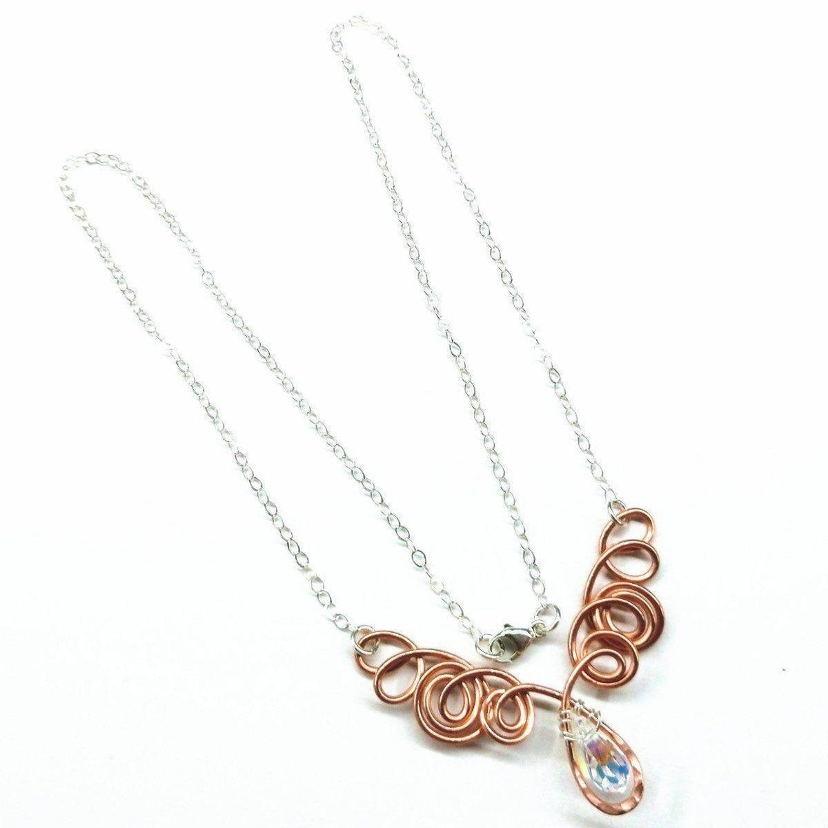 Copper Wire Sculpted Angel in Flight Necklace - Handcrafted with Swarovski Crystal