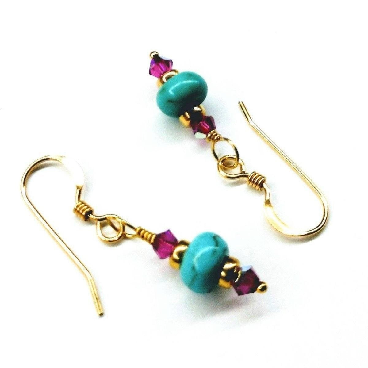 Hot Pink & Turquoise 14K Gold Filled Earrings - Vibrant Swarovski Crystal Design