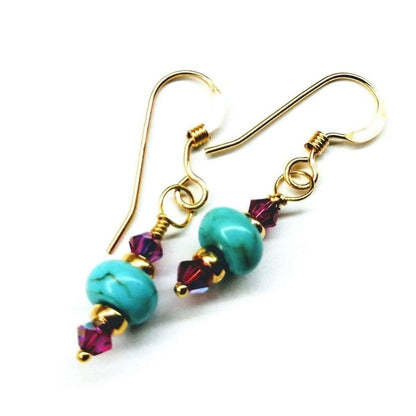 Hot Pink & Turquoise 14K Gold Filled Earrings - Vibrant Swarovski Crystal Design