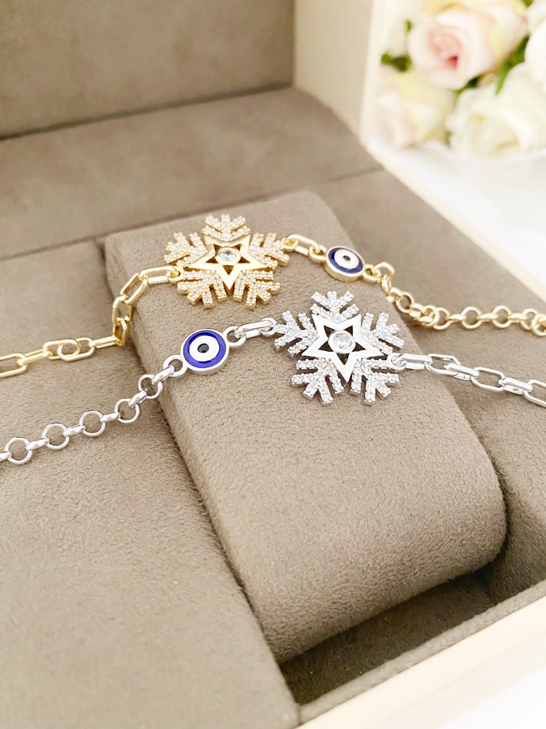 Elegant Evil Eye Chain Bracelet, Snowflake Charm Bracelet, Blue Evil