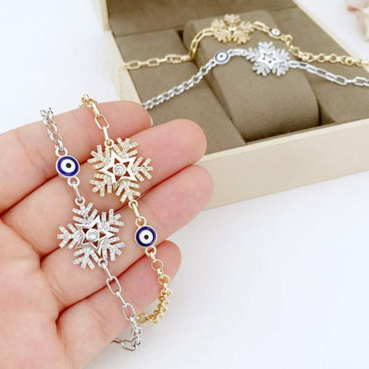 Elegant Evil Eye Chain Bracelet, Snowflake Charm Bracelet, Blue Evil