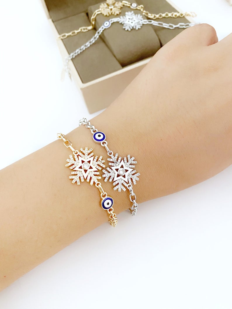 Elegant Evil Eye Chain Bracelet, Snowflake Charm Bracelet, Blue Evil