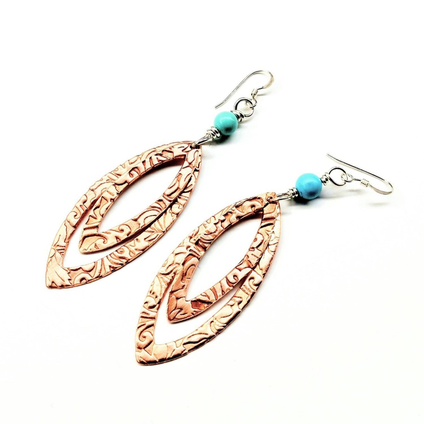 🌵 Turquoise Copper Embossed Pointed Oval Earrings - Montana Artisan Magic