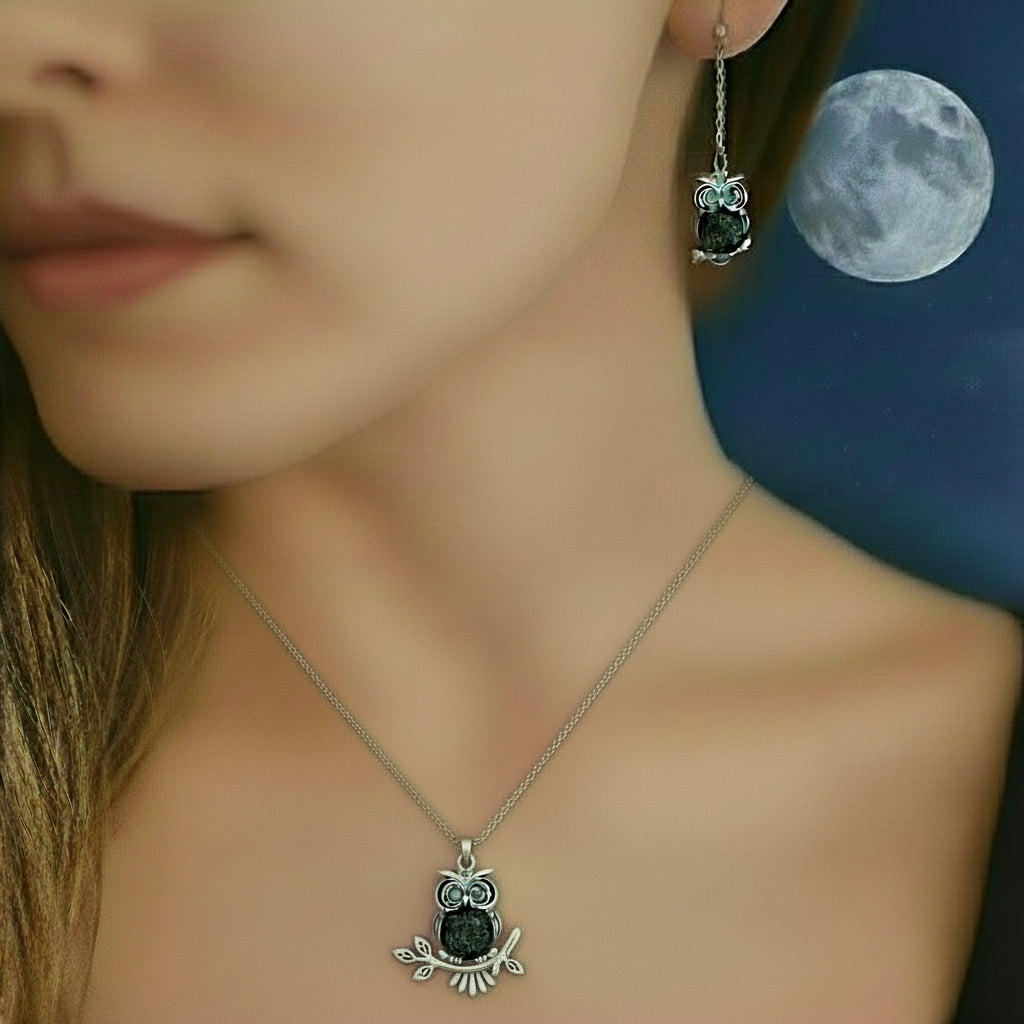 🦉 Mid-nighter Owl Necklace & Earrings Set - Midnight Magic