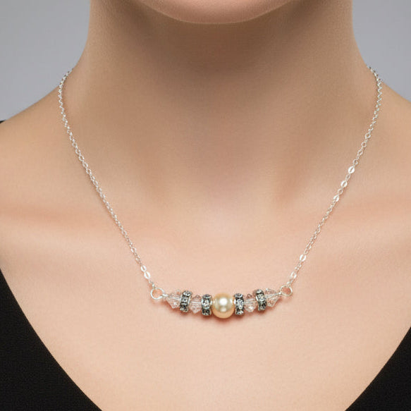 Silver Swarovski Crystal Pearl Bar Bridal Necklace